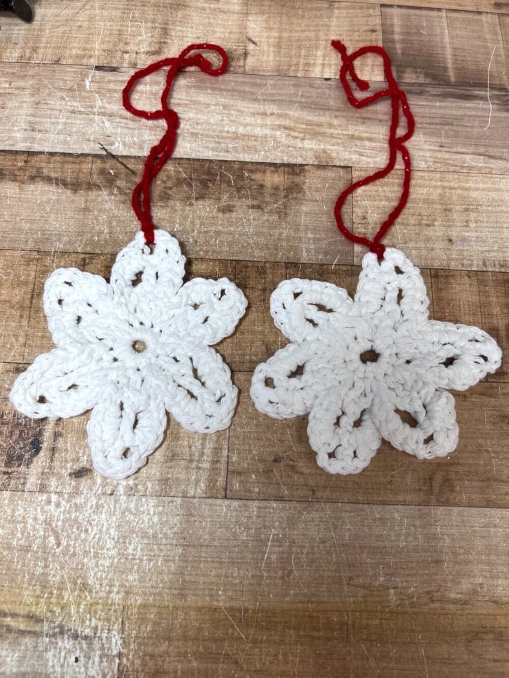 Crochet White Snowflake Ornaments With Red Hanging Loop - Set Of 2 - Handmade
